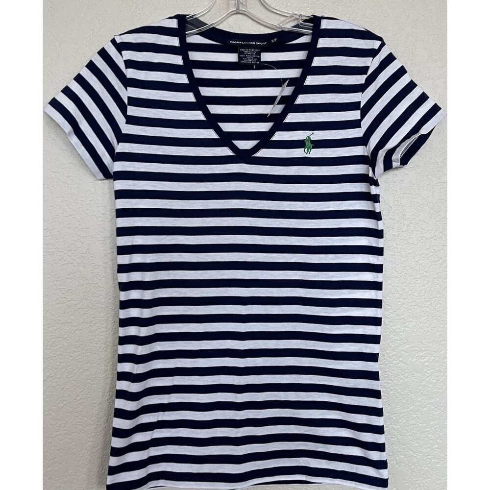 Ralph Lauren Sport Shirt‎ Womens Size Small Blue White Striped Short Sleeve